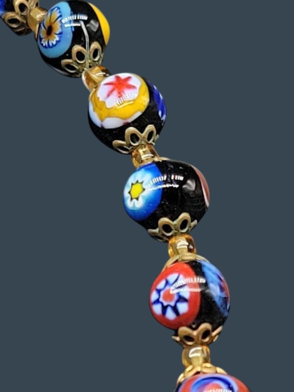 Antique Venetian Millefiori Murano Glass Bead Necklace 23" Graduated Black 16mm - Picture 16 of 16